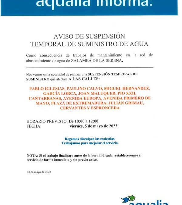 AVISO DE SUSPENSIÓN TEMPORAL DE SUMINISTRO DE AGUA VIERNES 5 MAYO 2023