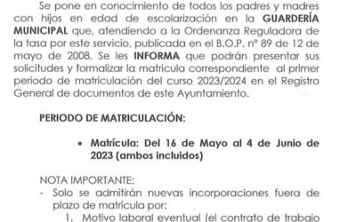BANDO Primer periodo de matriculación Guardería Municipal curso 2023/2024