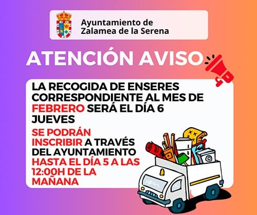 ATENCIÓN AVISO Recogida de enseres Febrero 2025