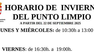 HORARIO DE INVIERNO DEL PUNTO LIMPIO A PARTIR DEL 22 DE SEPTIEMBRE 2025