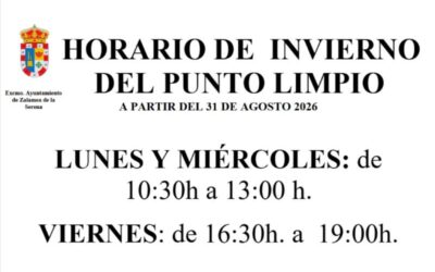 HORARIO DE INVIERNO DEL PUNTO LIMPIO A PARTIR DEL 31 DE AGOSTO 2026
