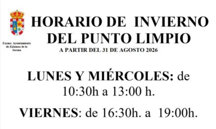 HORARIO DE INVIERNO DEL PUNTO LIMPIO A PARTIR DEL 31 DE AGOSTO 2026